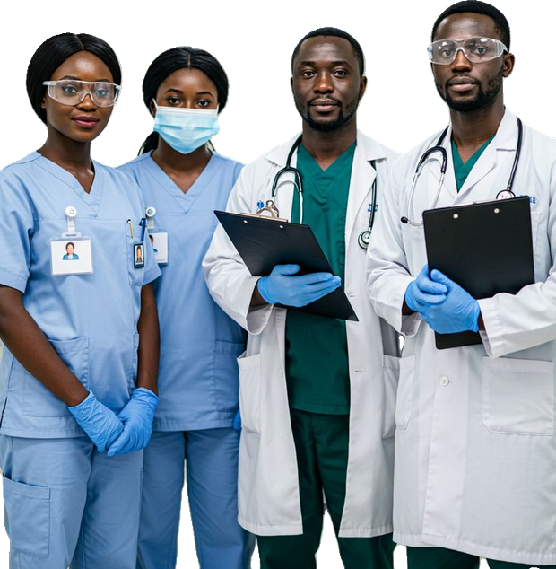 Four Kenyan healthcare workers in scrubs and lab coats