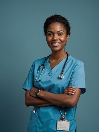 A nurse in blue scrubs with a stethoscope, arms folded